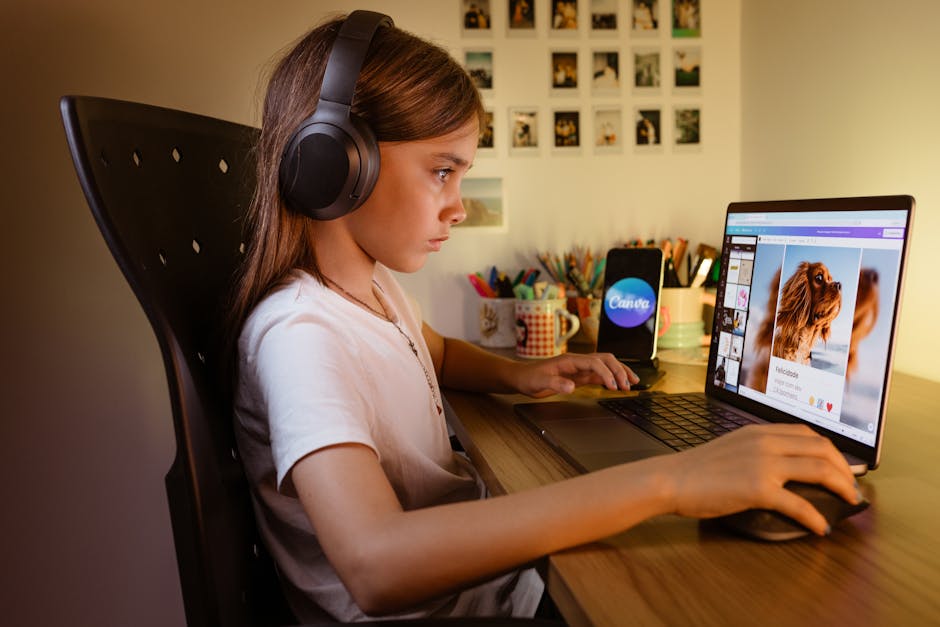 Student studying online with a laptop and headphones